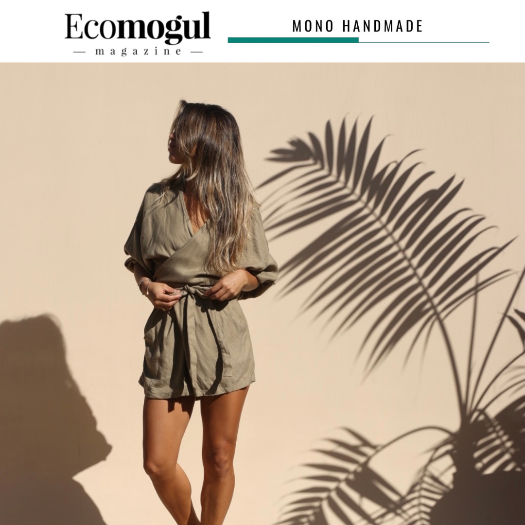 Model wearing khaki jumpsuit, featured in sustainable fashion magazine.